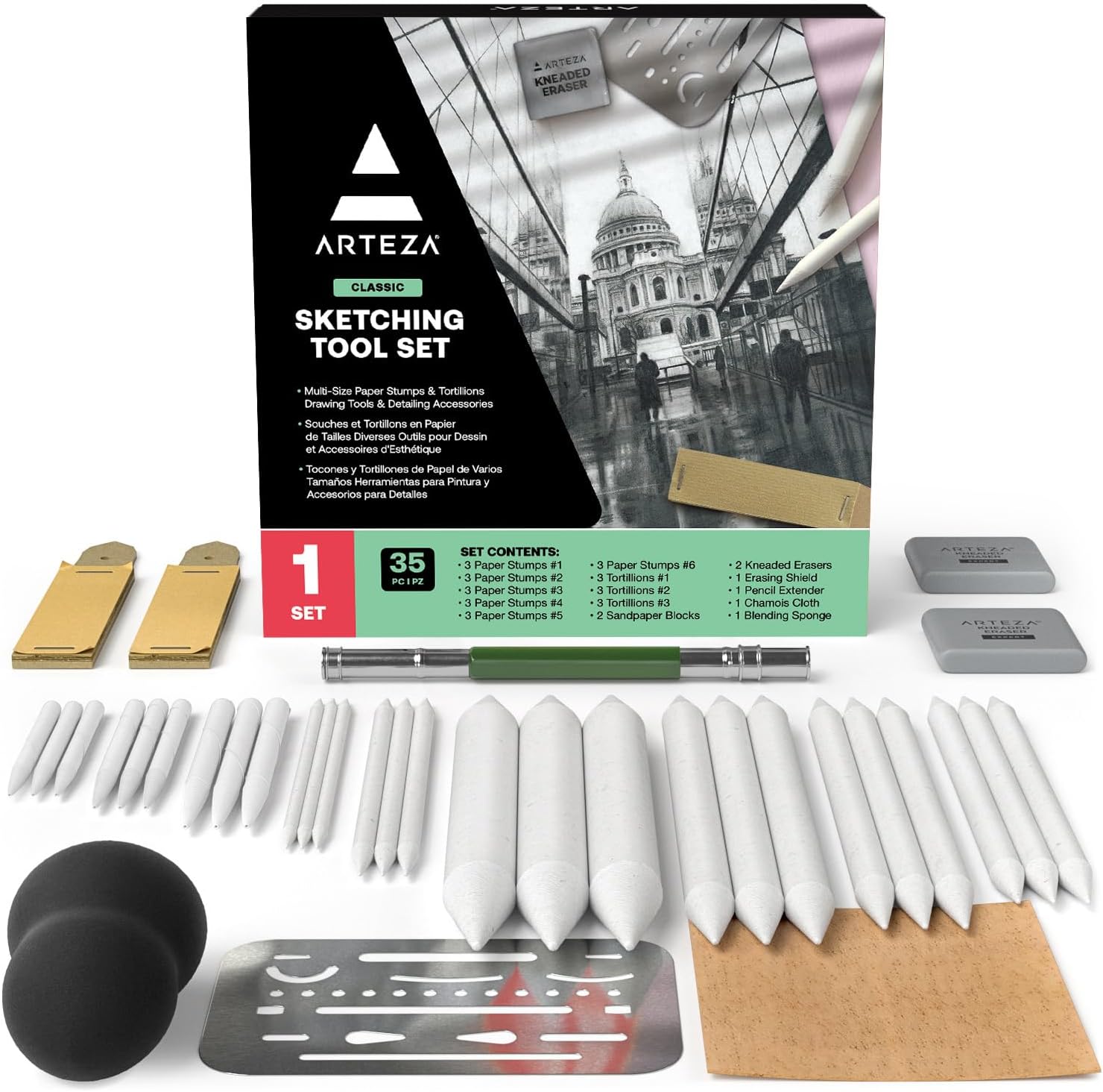 ARTEZA Drawing Kit for Adults – 35-Piece Sketching Set with Blending Stumps, Tortillons, Sanding Blocks, Erasers, Chamois, Pencil Extender and Tools