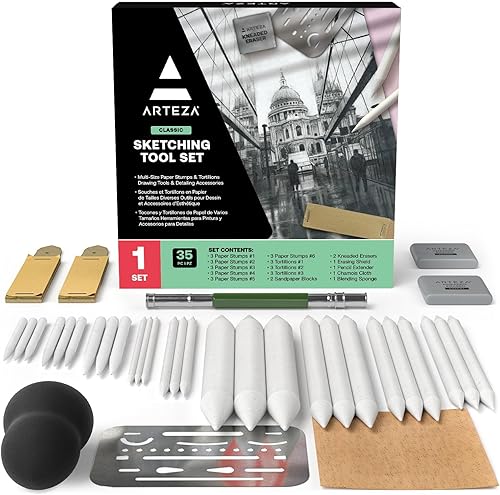 ARTEZA Kit de dibujo para adultos – Juego de bocetos de 35 piezas con tocones de mezcla, tortillones, bloques de lijado, borradores, gamuza,