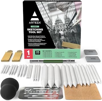 ARTEZA Drawing Kit for Adults 35-Piece Sketching Set with Blending Stumps, Tortillons, Sanding Blocks, Erasers, Chamois, Pencil Extender and Tools