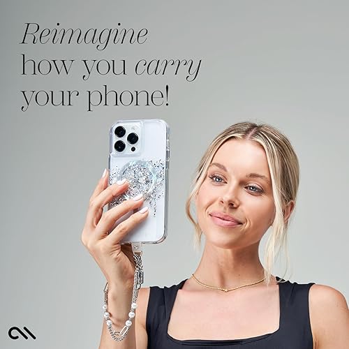Miniatura 3 de Case-Mate Dije de cuentas para celular, de perlas plateadas, correa extraíble y antirrobo, para llevar celular con manos libres, de mujer, para