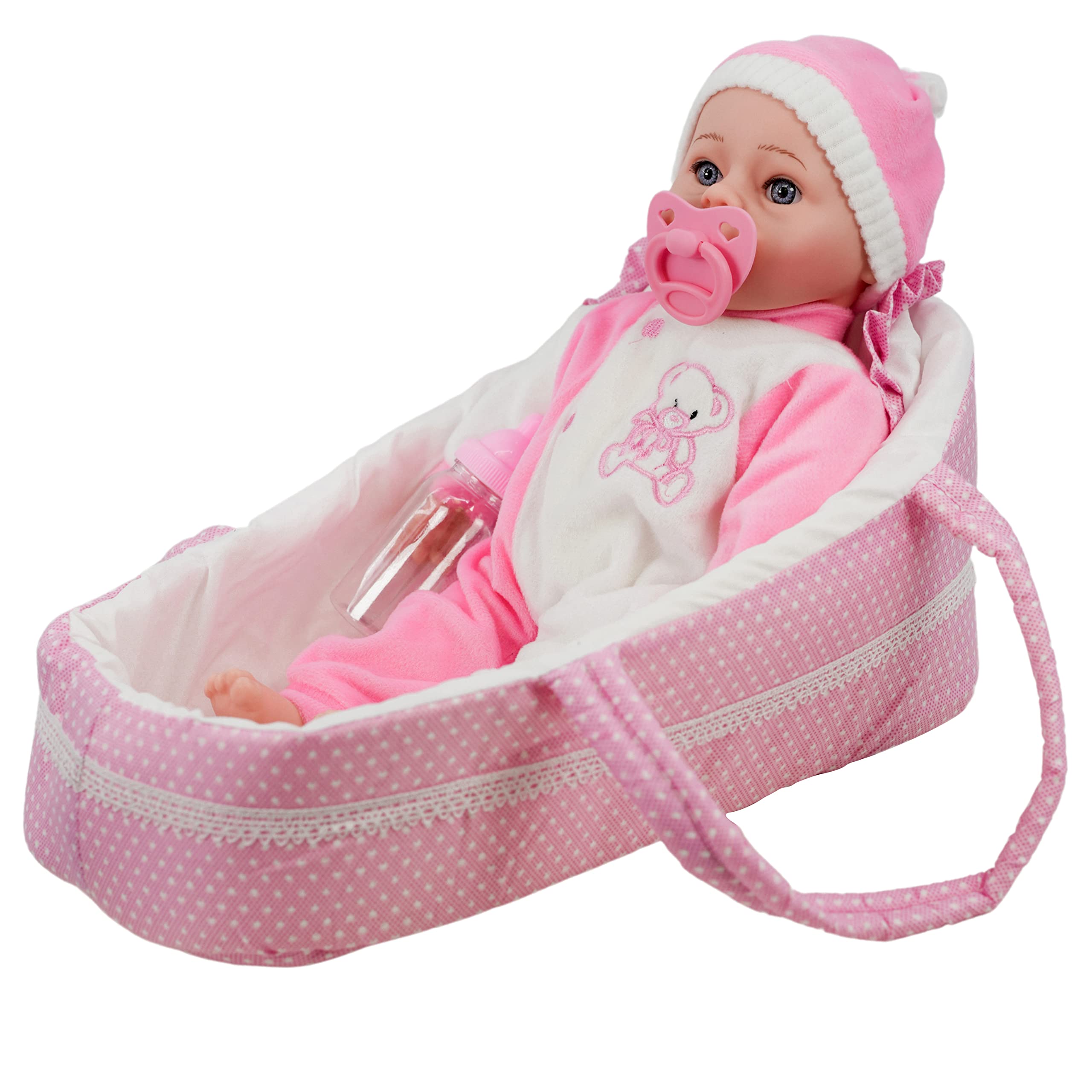 The Magic Toy Shop Bibi Doll Baby Doll With Sounds & Carry Cot Bed
