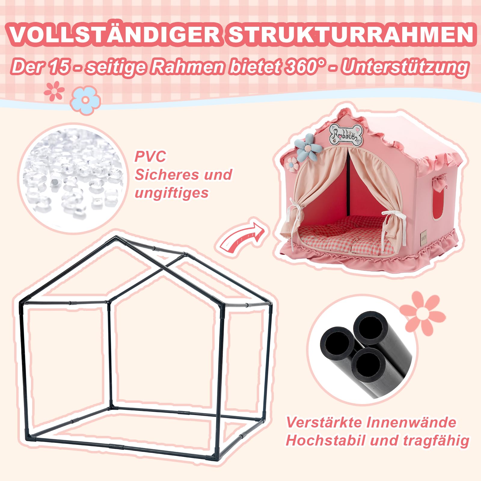 Jiupety Hundehöhle Hundehütte Indoor mit Rahmen, Waschbare, Zusammenklappbare Hundezelt, Hundehaus für Drinnen, Belüftbares Hundebett mit Dach für 9-18 kg, L Größe 64x64x64 cm, Pink
