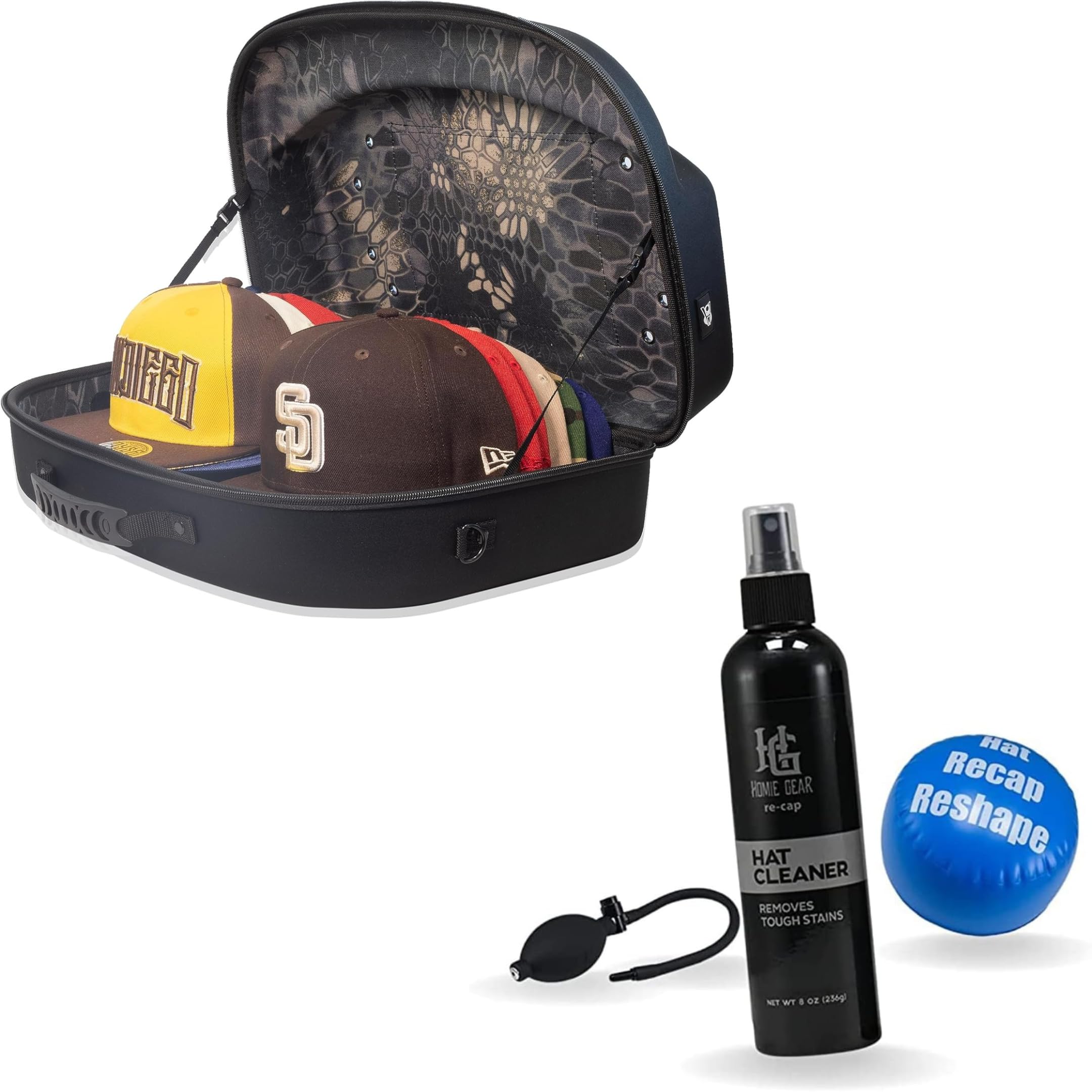 HomiegearAuthentic Cap Carrier Case for 14 Caps Black Hawk Feather With Hat Cleaner Mini Kit – Hat Cleaner Spray, Hat Reshaper, and Pump