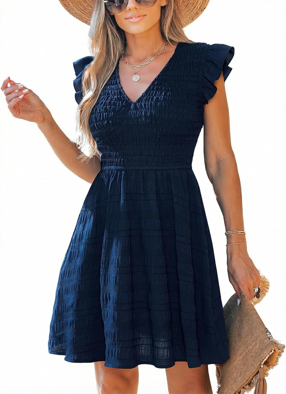 CUPSHE Women's Summer Sleeveless Smocked Mini Dress Casual V Neck Ruffle Flowy A Line Short Dress