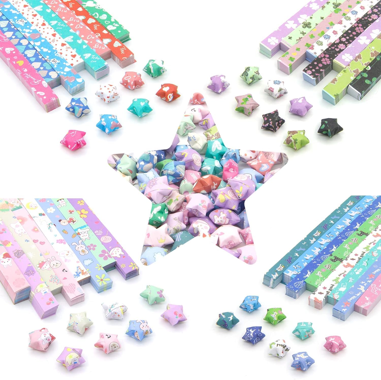 2160 Sheets Origami Star Paper Strips with 4 Different Designs of Cute Cartoon Origami for DIY Handcrafts, School Teaching Origami Star Paper-32 Colors