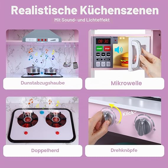 HOMASIS Corner Children's Wooden Play Kitchen with Light Sound & Steam Includes 16 Accessories Toy Kitchen with Sink Stove Oven Microwave Ice Maker Fridge Board Kitchen Play Set for Ages 3 and Up (Pink)