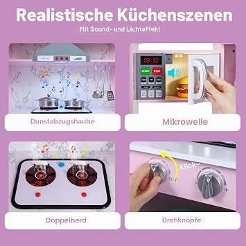 HOMASIS Corner Children's Wooden Play Kitchen with Light Sound & Steam Includes 16 Accessories Toy Kitchen with Sink Stove Oven Microwave Ice Maker Fridge Board Kitchen Play Set for Ages 3 and Up (Pink)