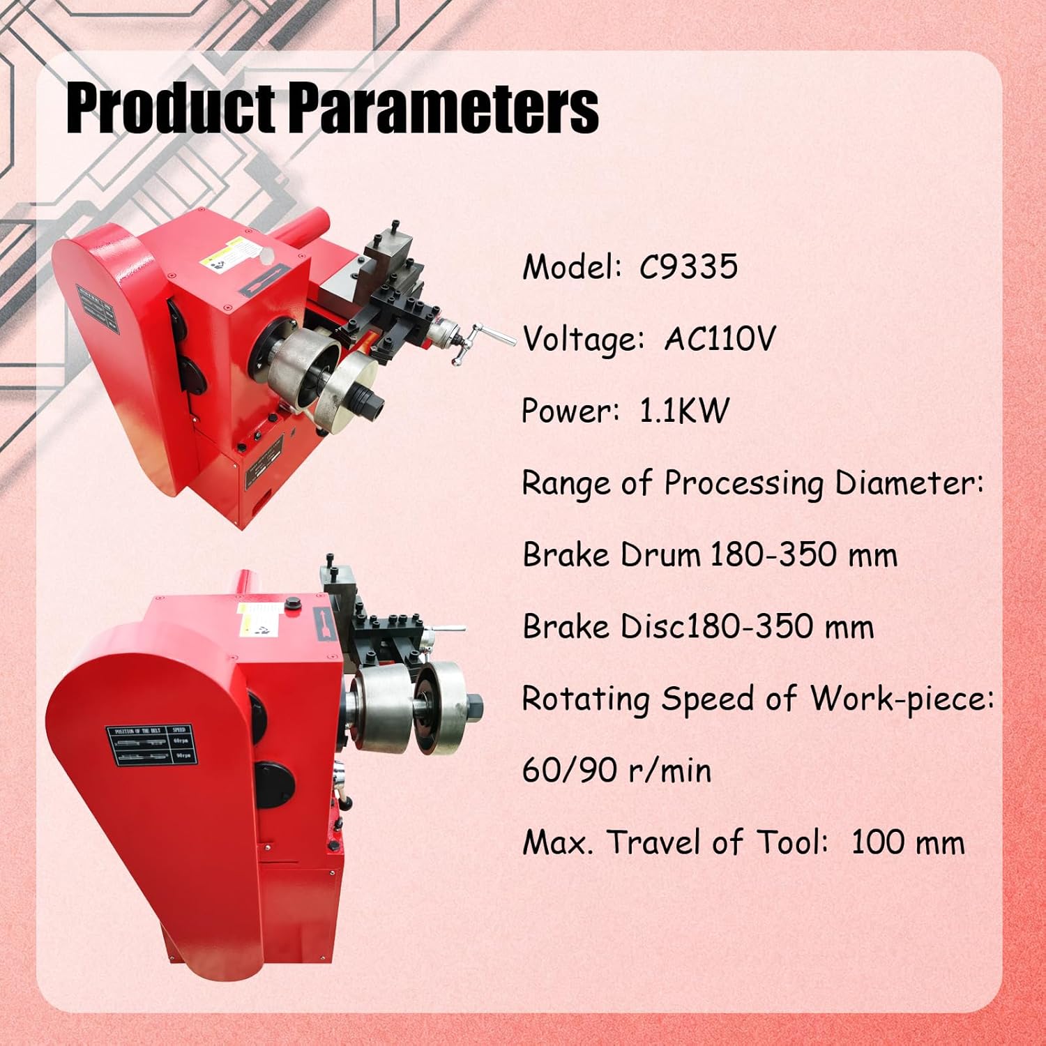 110V 1100W C9335 Brake Drum/Disc Lathe Small Automobile Brake Hub Plate Repair Machine Lathe Saddle Auto Repair Shop Auto Beauty Shop