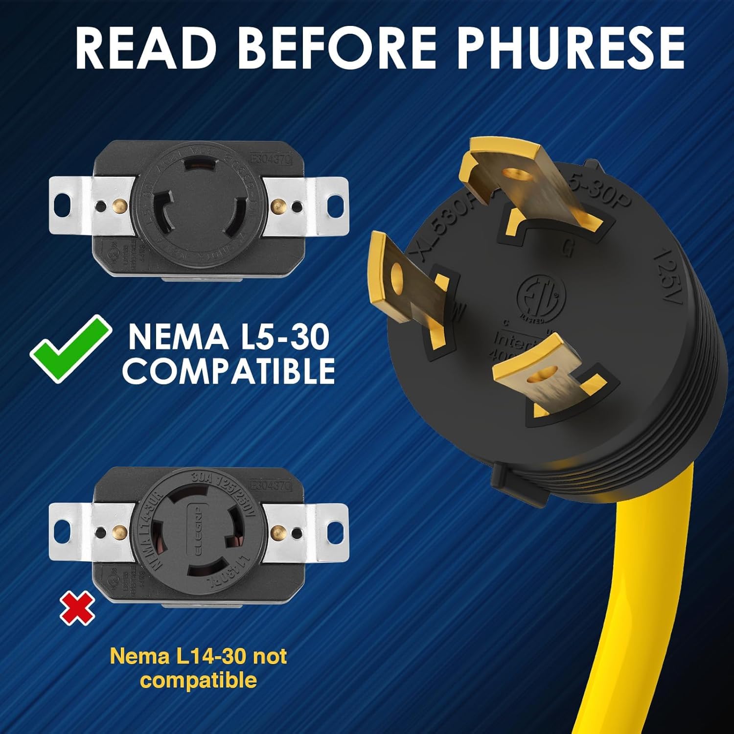 30 Amp to 20 Amp 110V Adapter, 1.5 FT, Yellow, 3 Prong L5-30P to 4X 5-15R/5-20R T-Blade, 5000W, ETL Listed, For Household Tools, Appliances, RV Camping