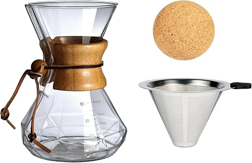 Miniatura 7 de Cafetera de Goteo con Funda de Madera, Cafetera de Goteo de 13.5oz/400ml, Juego de Cafetera de Goteo con Tapón de Corcho (13.5oz/400ml)