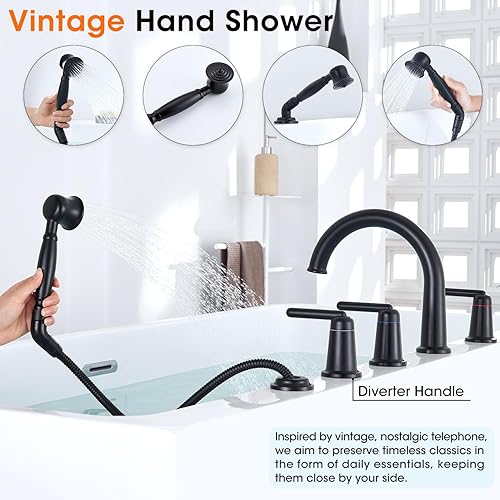 Miniatura 5 de Juego de grifo de bañera romano con ducha de mano y válvula áspera, montaje en cubierta generalizado, grifo de bañera de 5 agujeros con desviador