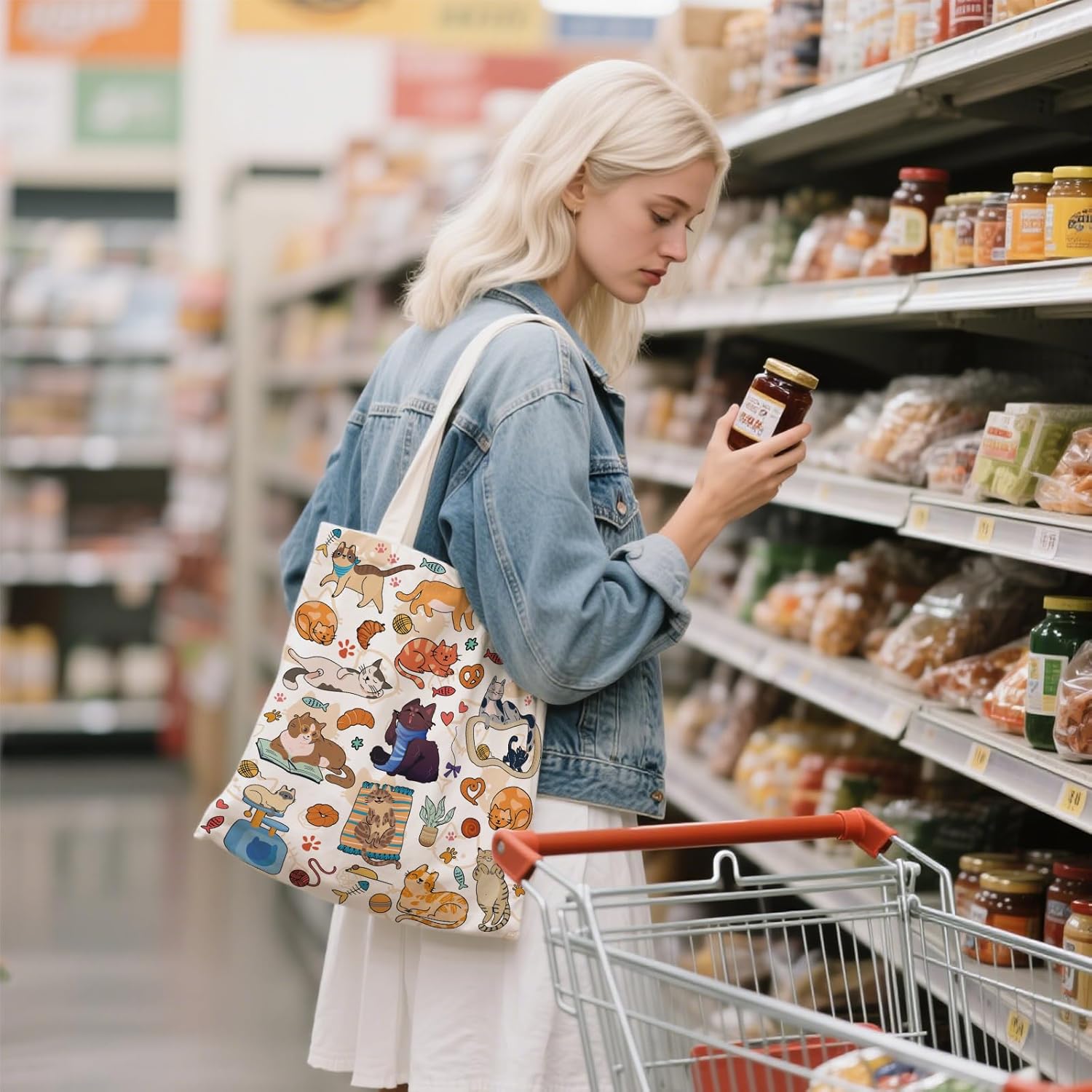 Aesthetic Canvas Tote Bag for Women - with Magnetic Snap Closure & Zipper Inner Pocket Reusable Bag for Shopping - Image 3