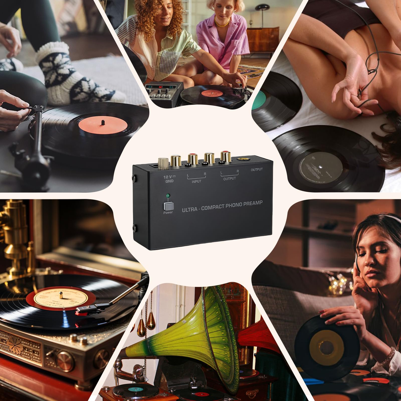 Phono Preamplificatore Giradischi con Adattatore DC 12V, RCA Input & Output