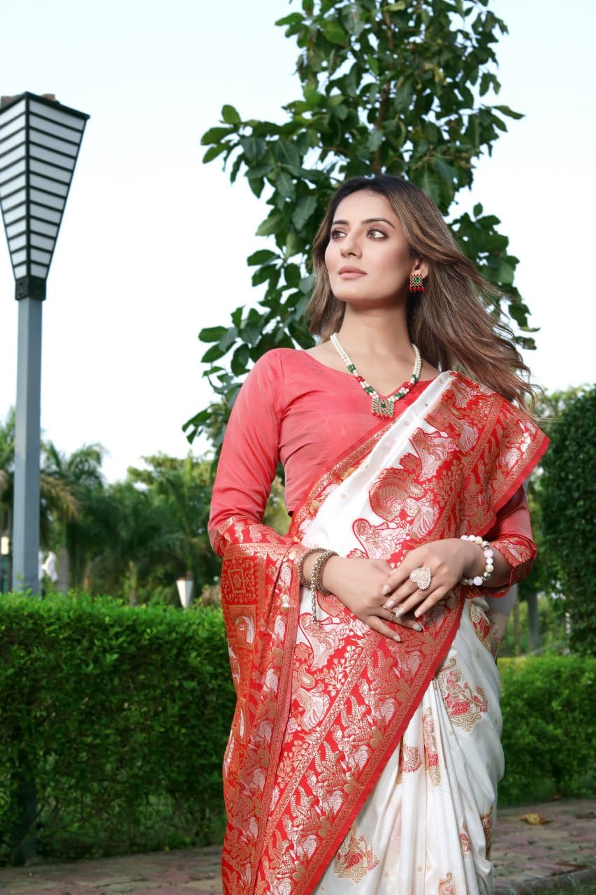 Flosive Women's Kanjivaram Creamy Off-White And Red Zari Border Silk Saree With Blouse