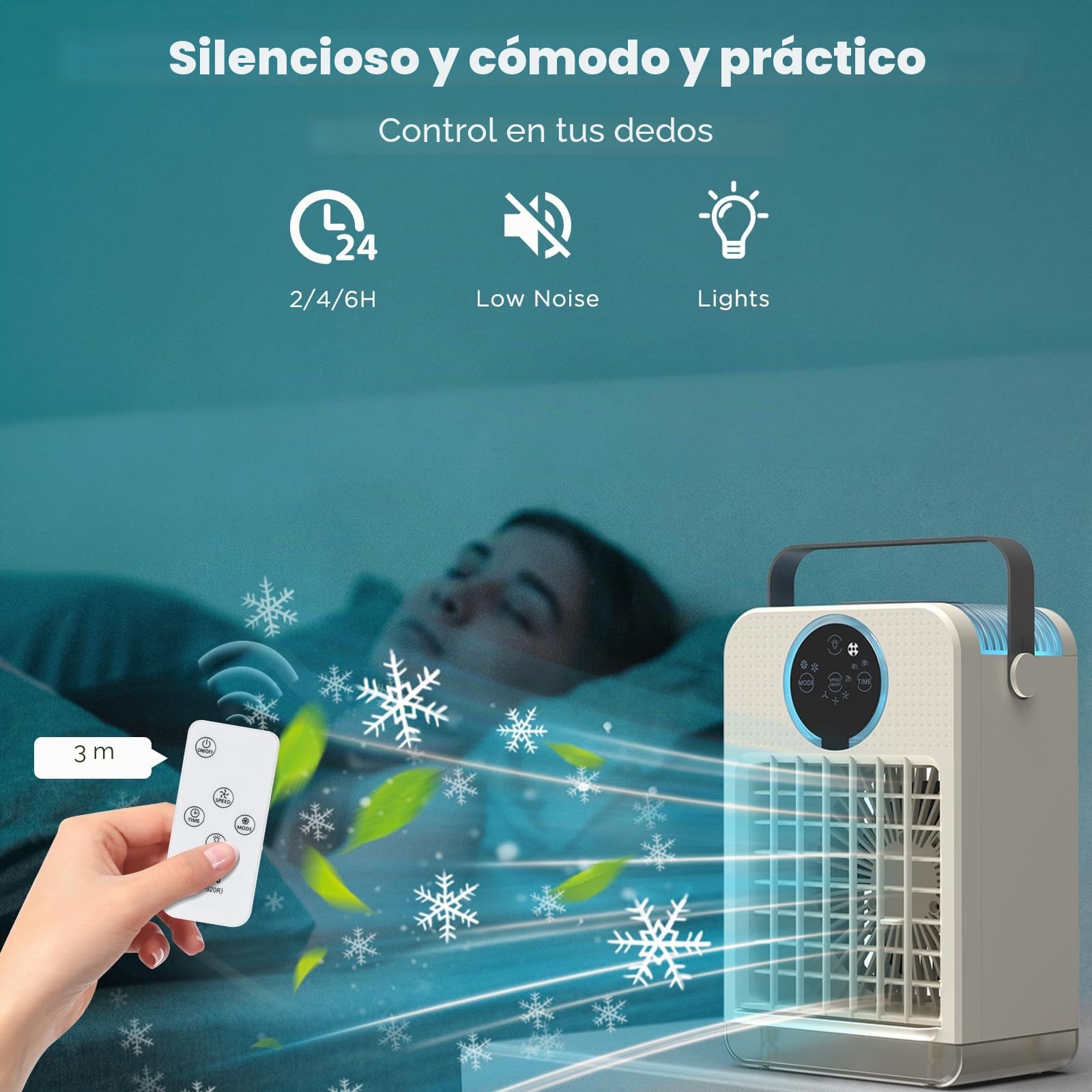 Aire Acondicionado Portátil con Control Remoto, Mini Enfriador de Aire con 2-8H Temporizador, 3 Velocidades de Ventilador, 2 Modos de Nebulización, 700ML Climatizador Evaporativo para Hogar