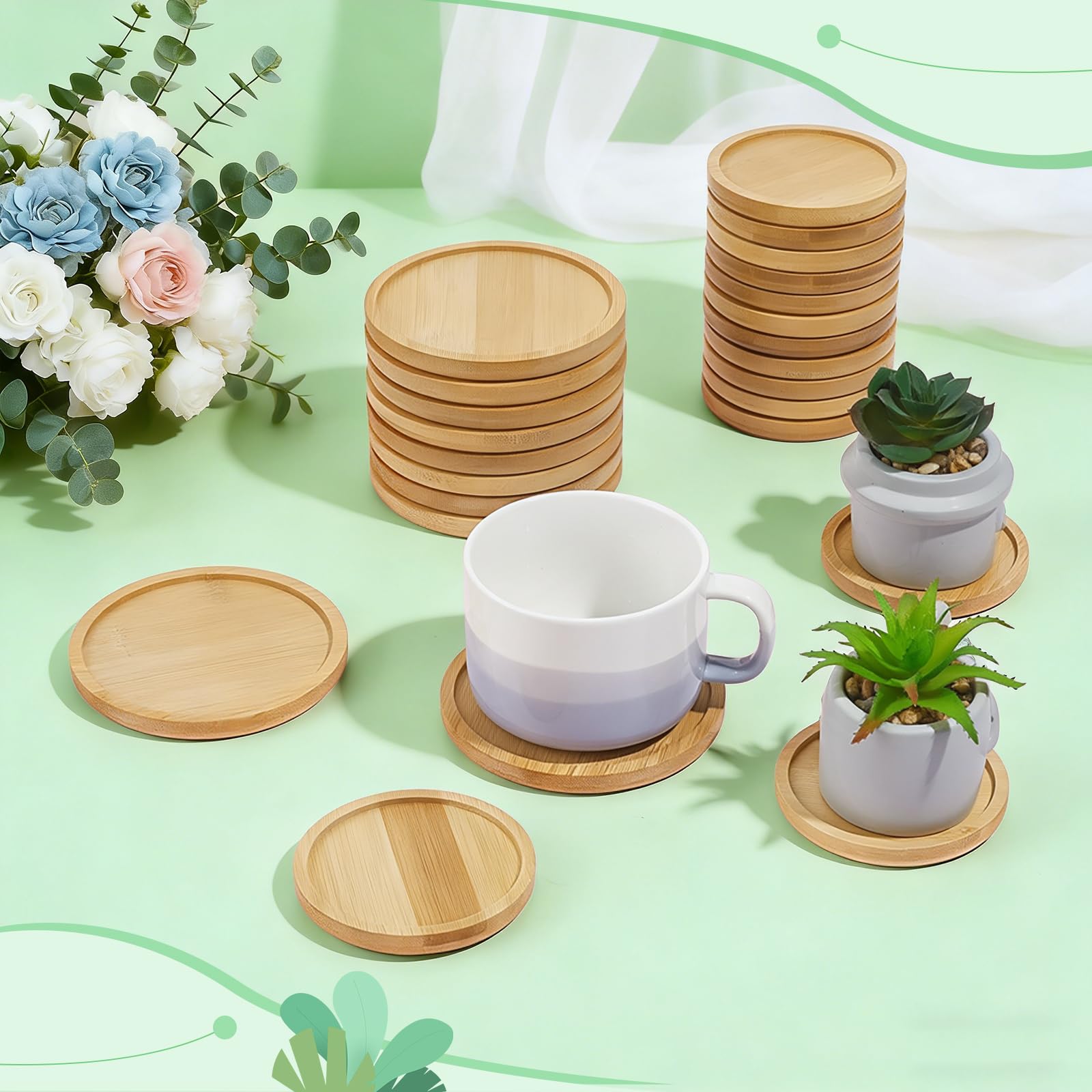 40 posavasos redondos de bambú de 8 cm y 10 cm, posavasos de madera natural para plantas, platillos circulares de bambú para manualidades, macetas de mesa, suculentas, bebidas, hogar, cocina