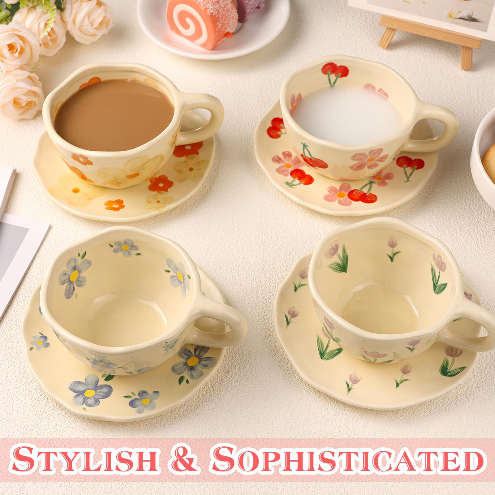 Set di 4 tazze da cappuccino con piattini, in ceramica, 226,8 g, per latte art e latte, stile vintage, per americano, tè, espresso, moka, latte, adatte al microonde e alla lavastoviglie