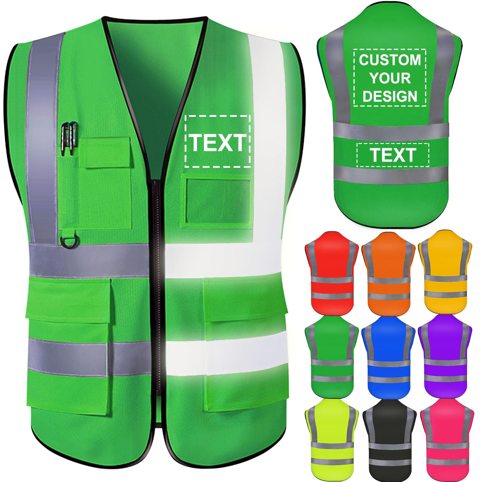 Custom Safety Vest for Men with Logo High Visibility Safety Vests Reflective with Pockets and Zipper Construction