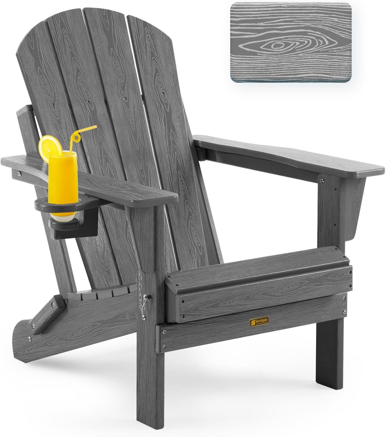 Folding Adirondack Chair Wood Texture, Patio Chairs Weather Resistant, Outdoor Chair, Lawn Chair with Cup Holder, Fire Pit Chair for Deck, Outdoor, Porch, Backyard (Grey)