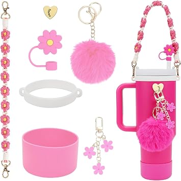 7Pcs Accessories Set for Stanley Cup 40 oz 30 oz, Water Bottle Handle Strap, Siliocne Cup Boot, Flower Straw Cover, Charms for Stanley - Rose