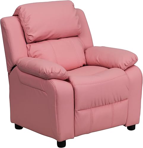 Flash Furniture, sillón reclinable de lujo, muy acolchado, de vinilo color beige, con apoyabrazos con compartimento de almacenamiento, para niños,