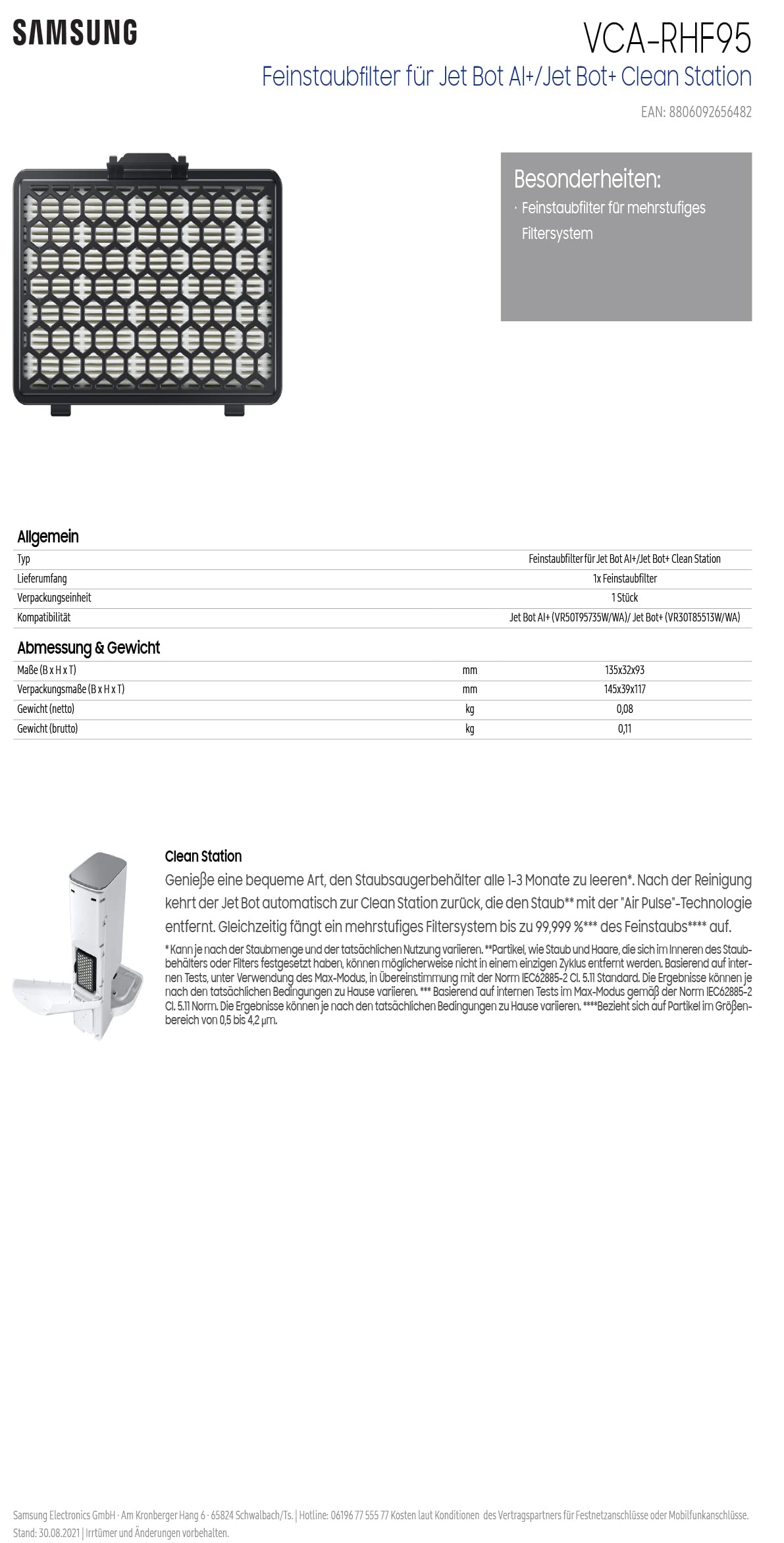 Samsung VCA-RHF95 Filtre à poussière fine pour Jet Bot AI+/Jet Bot+ Clean Station