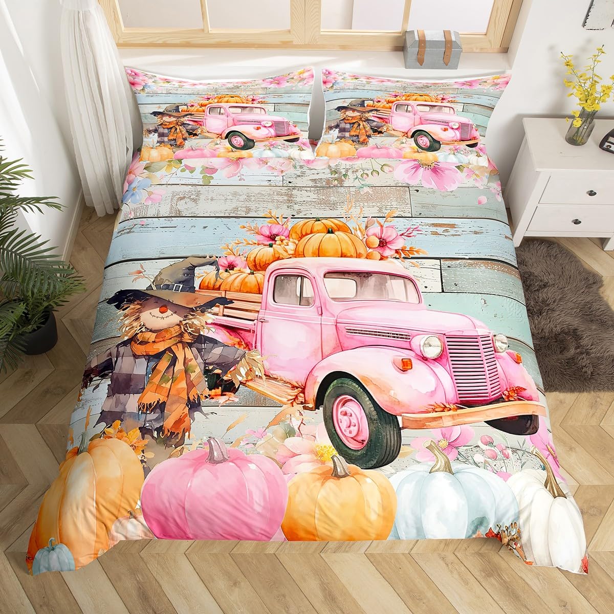 Castle Fairy 2 Pieces Watercolor Wooden Stripes Duvet Cover Twin Size for Teens Youth,Fall Harvest Pumpinks Scarecrow Comforter Cover,Cartoon Truck Pink Country Super Soft Bedding (Not Comforter)