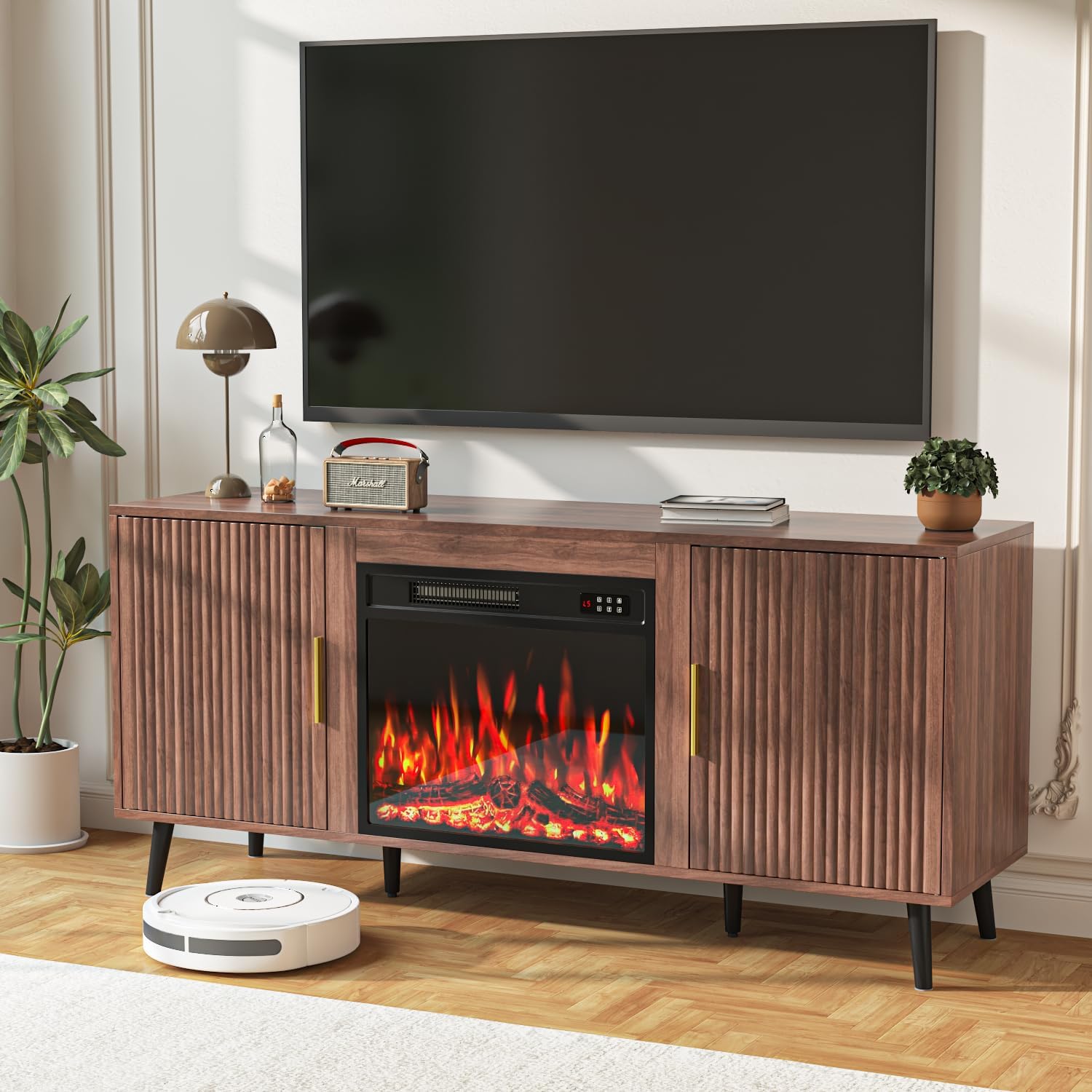 PRETZI Electric Fireplace TV Stand, 58" Fluted Entertainment Center with 23" Electric Fireplace, Mid Century Console with Sturdy Wood Leg & Adjustable Shelves for TVs Up to 65" for Living Room, Brown