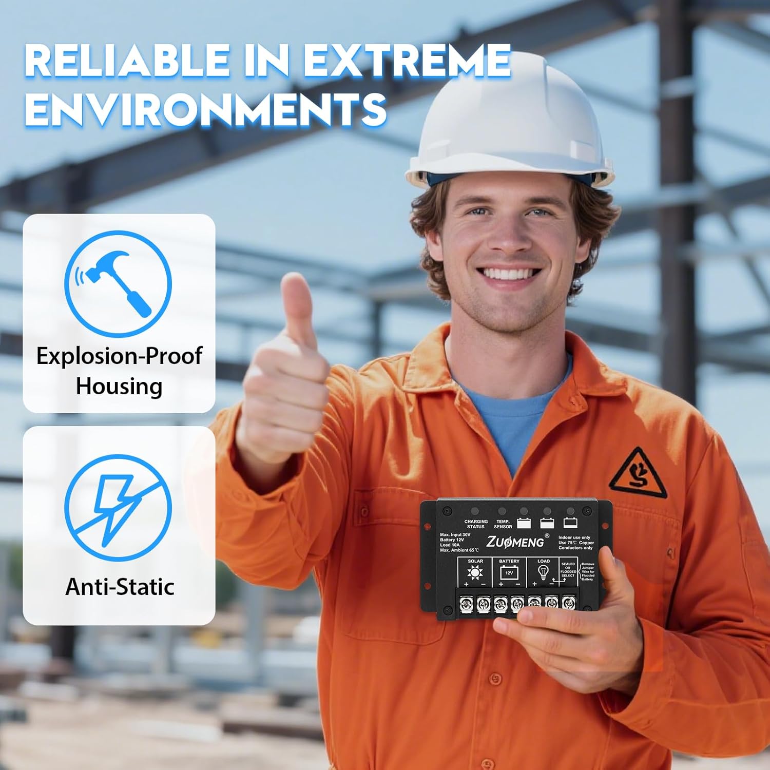 10A PWM Solar Charge Controller for 12V Lead-Acid Battery to Extend Battery Life, with Explosion-Proof Metal Housing, IP68, 4-Stage Charging, LVD, Temp Compensation, for Harsh Industrial Use