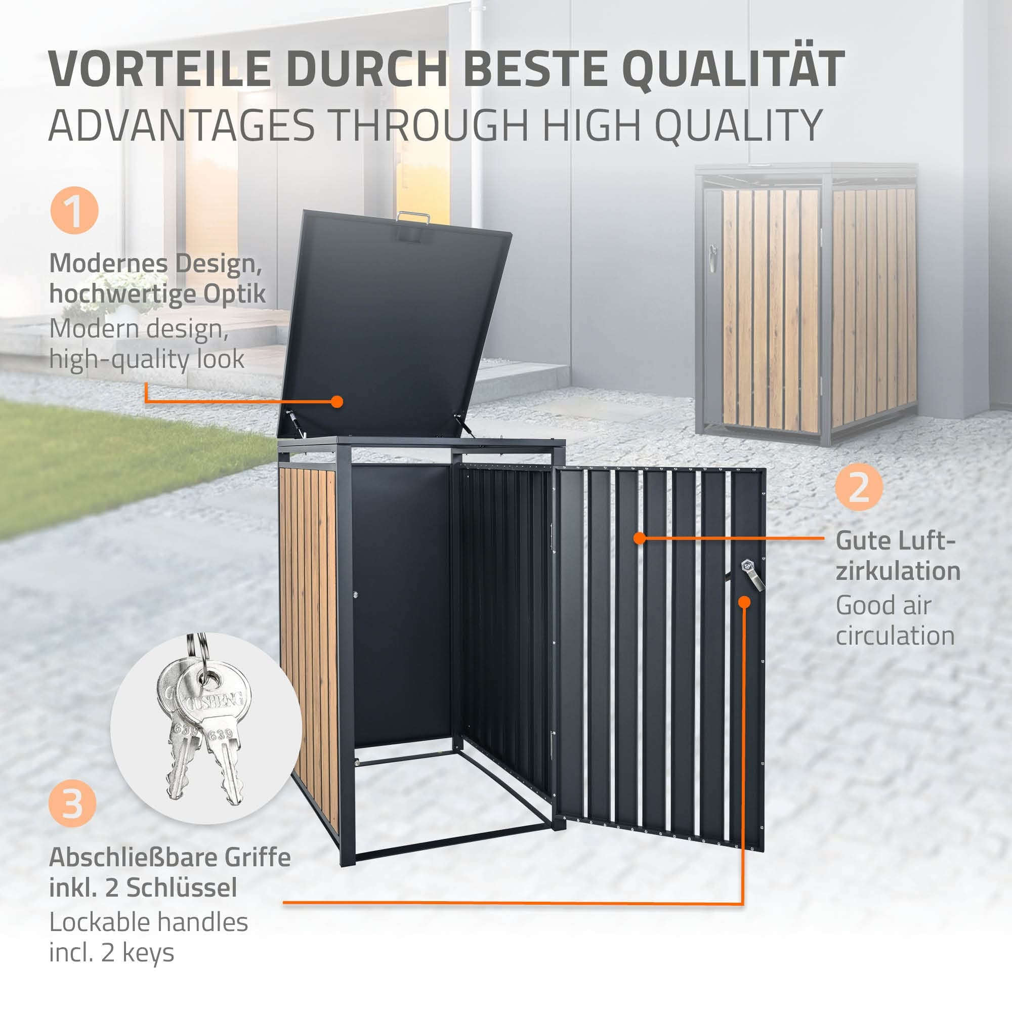 ML-Design Box pour 1 Poubelle, 240L, 68x80x116,3 cm, en Acier, Anthracite/Aspect Chêne, Résistant aux Intempéries, Habillage de Poubelle avec Couvercle Rabattable/Porte, Conteneur Abri Hangar