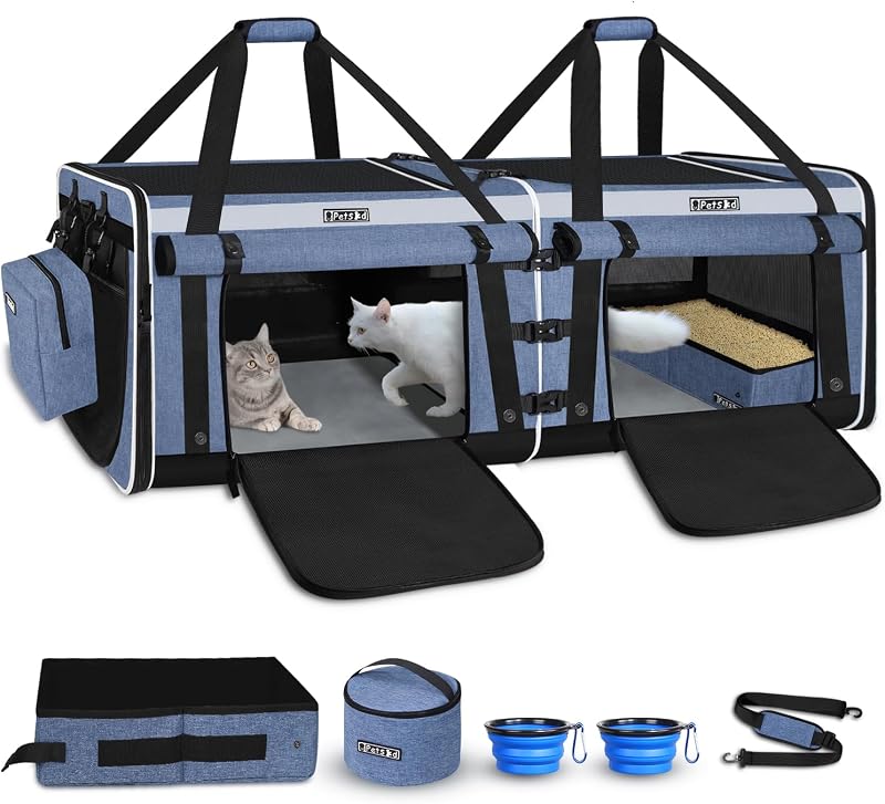 Double Extra Large Cat Carrier with Litter Box and Privacy Curtain | 48"Lx17"Wx17"H, Soft Cat Car Travel Carrier, Lockable Safety Zippers, for Multiple Cats Long Distance Trip, Blue