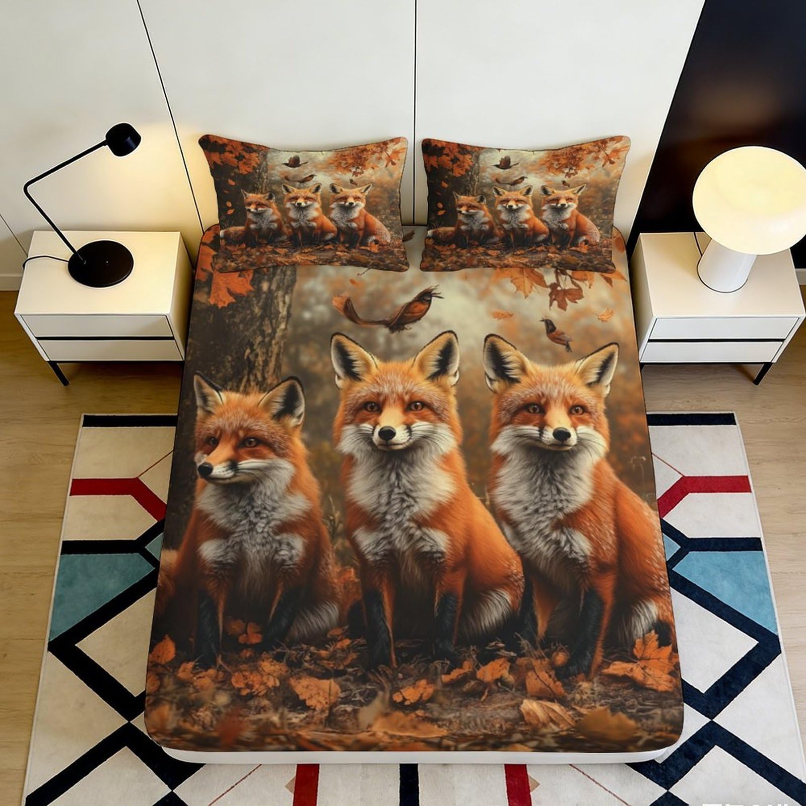 3D Printed Forest Fox Fitted Sheet Microfiber Soft Autumn Woodland Mattress Cover for Bedroom Guest Room Decor 90x200x25cm