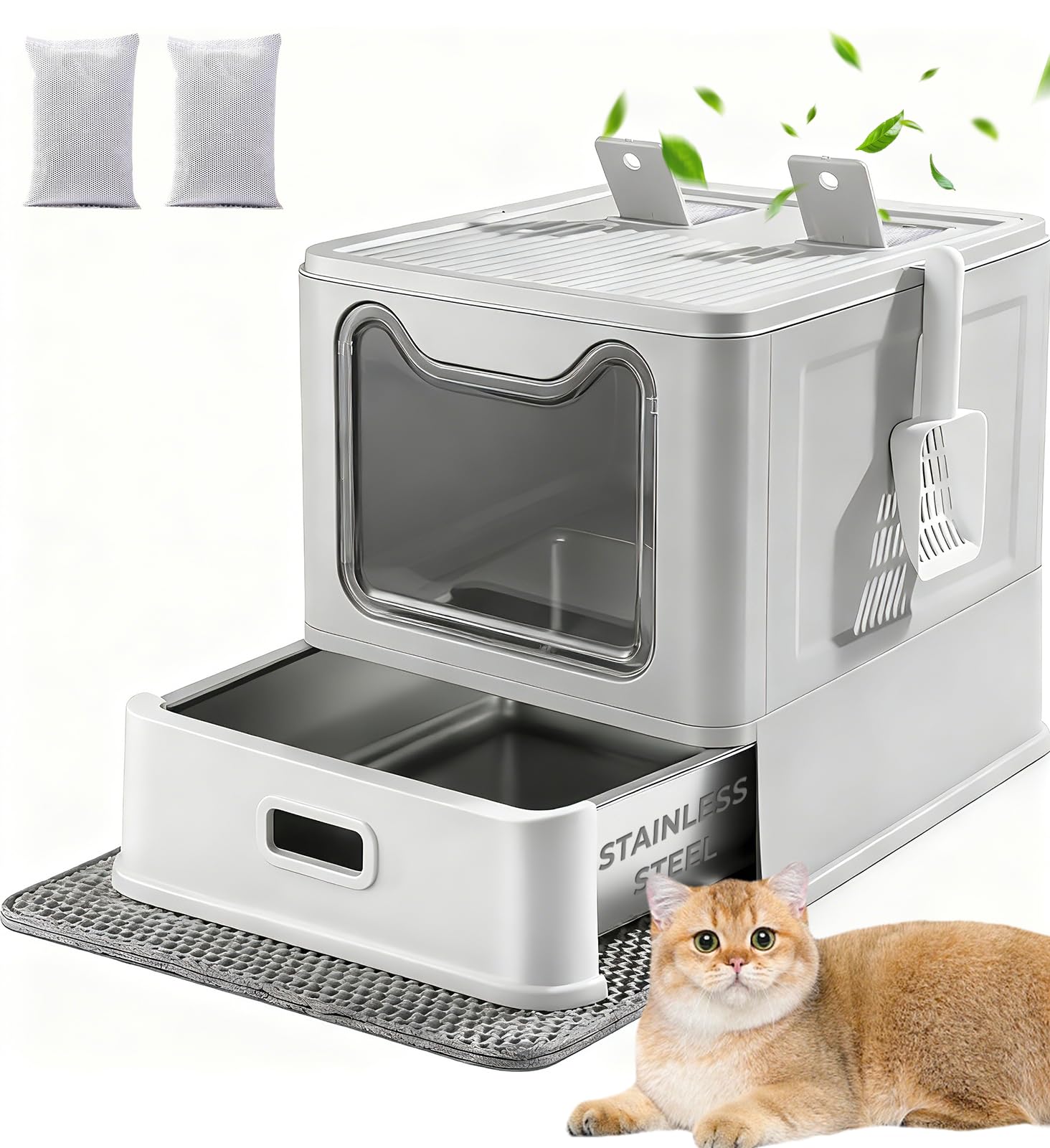 Katzenklo Edelstahl, mit Deckel und Schublade, Geschlossenes Katzentoilette XXL mit Katzenklo Matte ＆ Schaufel für große Katzen. Geruchsfrei, leichte Reinigung