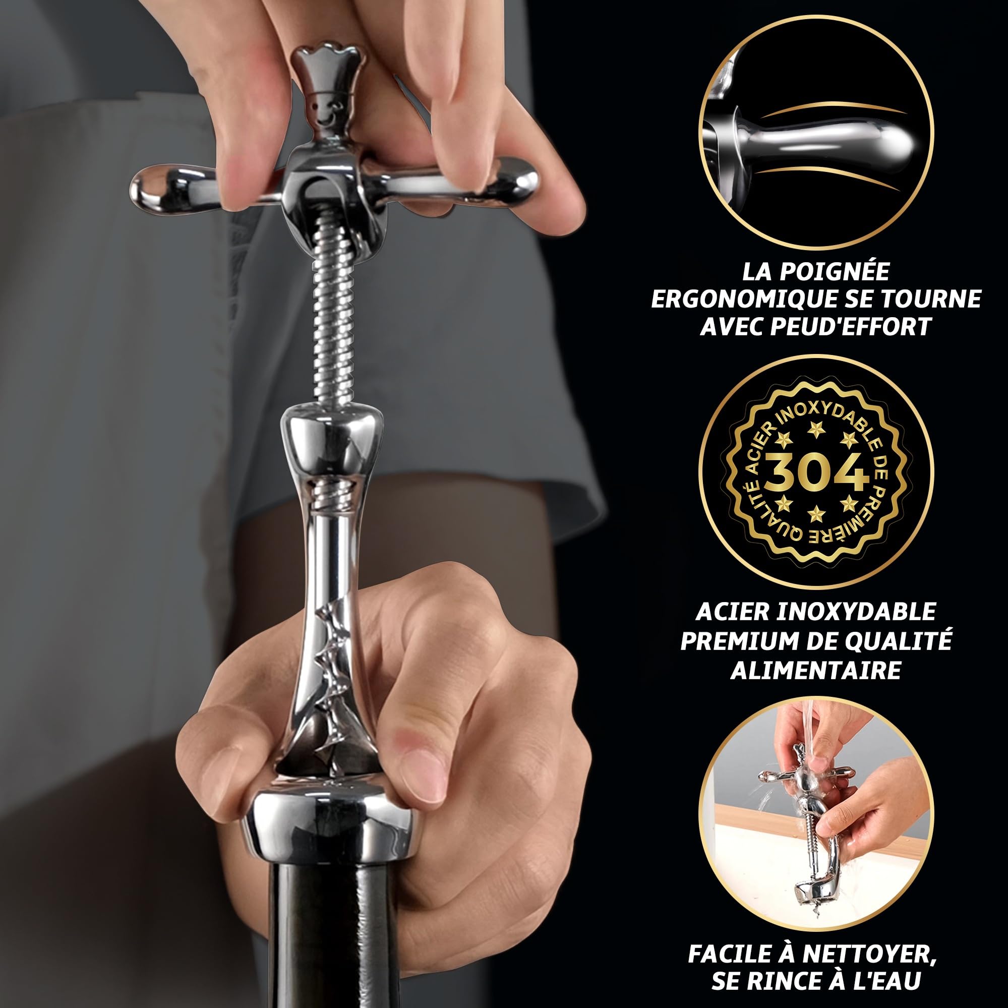 Tire-bouchon en acier inoxydable pour ouvrir le vin sans laisser de résidus de liège | Tire-bouchon sommelier résistant avec emballage cadeau | Tire-bouchons manuels pour la maison