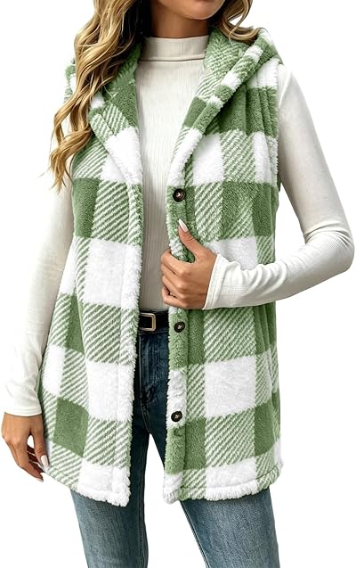 Generic Women Fleece Vest Plaid Sleeveless Jacket Button Down Hooded Vests