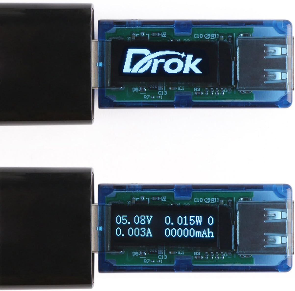 DROK® Pocket Digital Multimeter USB 3.0 Hub, OLED Display DC 13V Voltage Ampere Power Capacity 4in1 Multi Tester, Voltmeter Ammeter Power Capacitance Meter, Support QC 2.0 Fast USB Charging