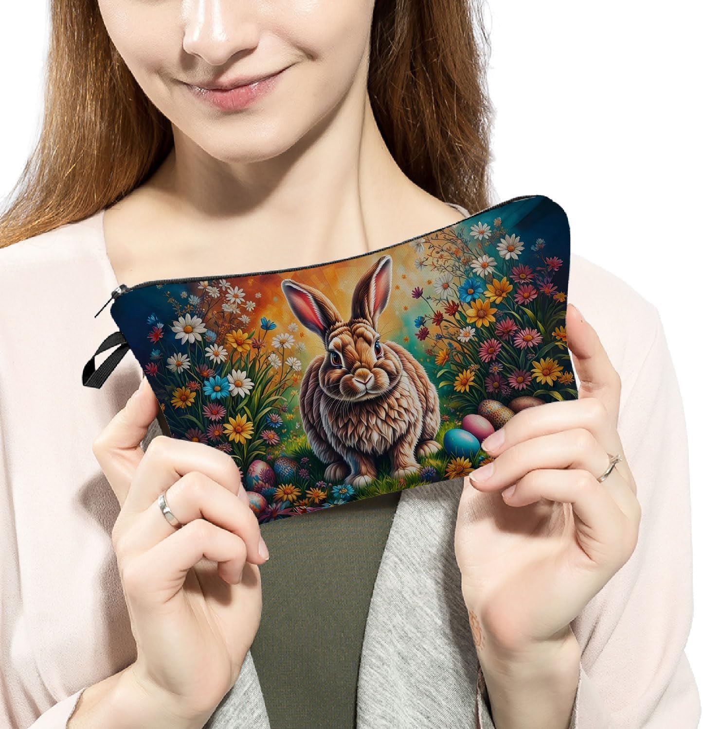 Easter Bunny Makeup Bag Cute Small Organizer Zipper Pouch Easter Egg Bunny Cosmetic Bag Easter Birthday Present for Women Friends - Image 3