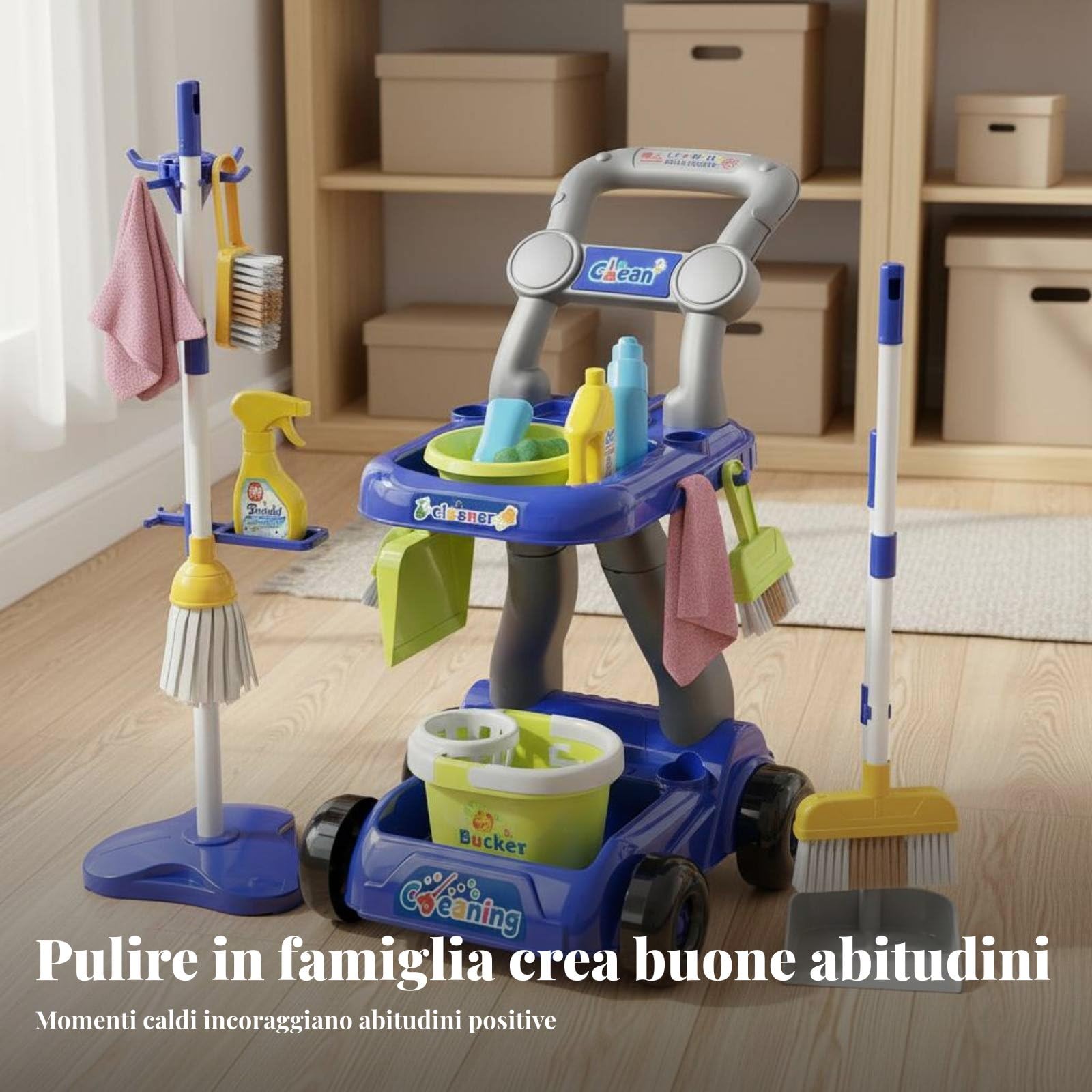 Children Cleaning Playset Set de Aseo Infantil Juguete Educativo Escoba Trapeador Recogedor Plástico con Base de Guardado Herramientas a Tamaño , Azul , SetTrolley18pzs