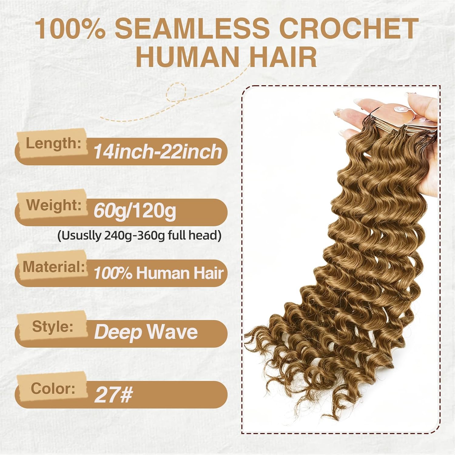 Condition photo showing New/Like New for human crochet hair for black women 18inch 60g pre separated 50 strands deep wave feather crochet human hair extensions 27# invisible miracle knots boho honey blonde crochet bundles 18 inch 27#-60g