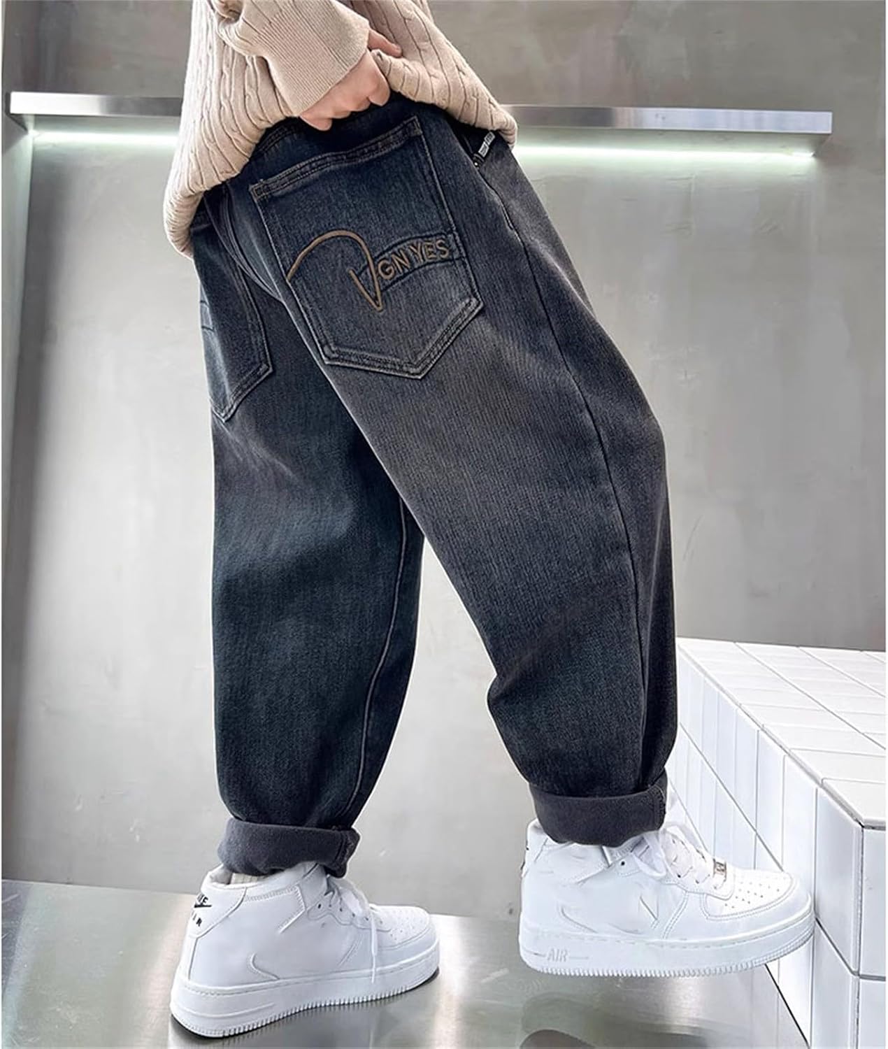 Boys Baggy Jeans for Tween Casual Straight Wide Leg Cargo Jeans Y2K Elastic Waist Denim Pants Vintage Loose Denim Pants