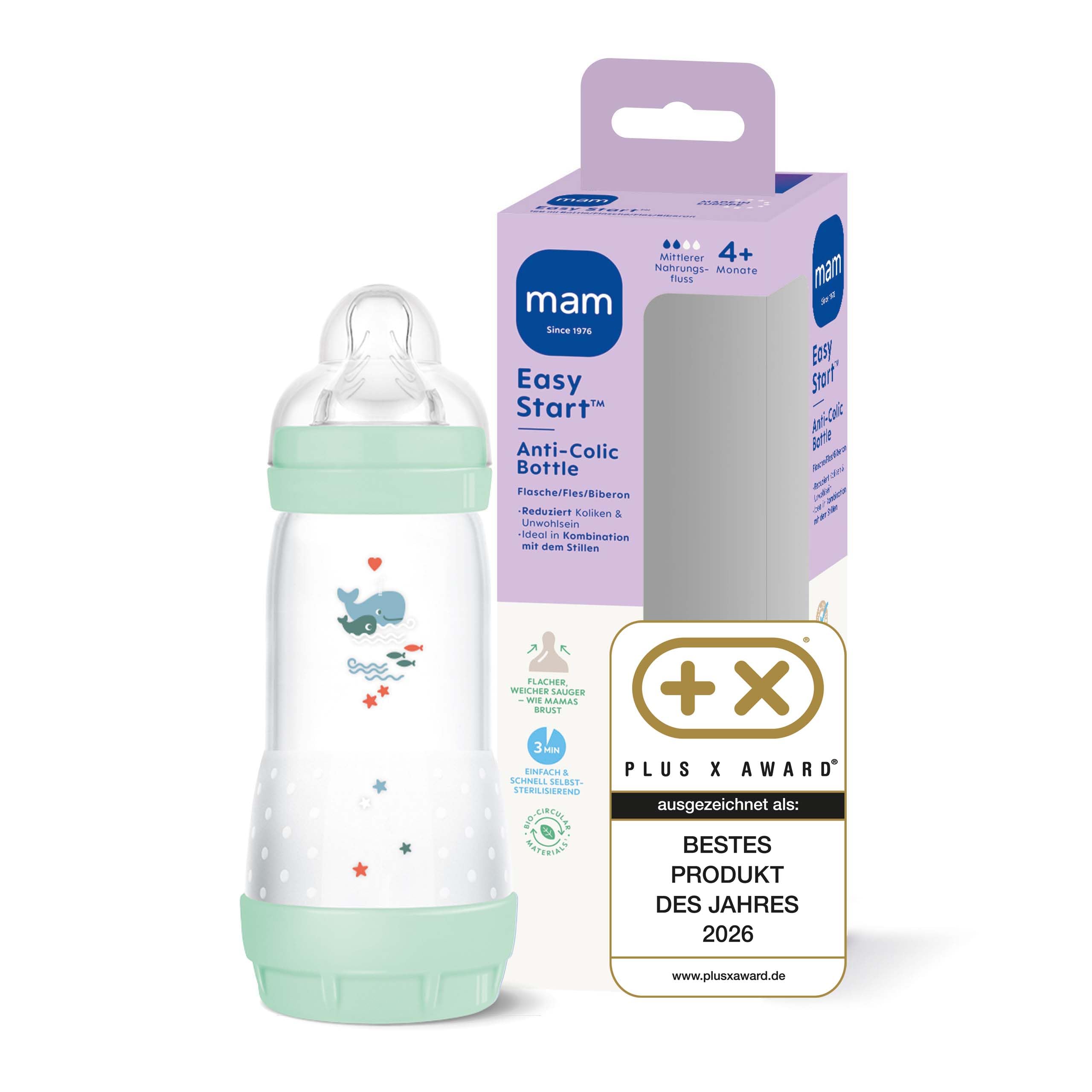 MAM Easy Start Anti-Colic Babyflasche | 4+ Monate | Milchflasche für Babys | 94% Akzeptanz | Weniger Koliken | stillfreundliche Baby Trinkflasche | Sauger Gr. 2 | 320 ml | Wal