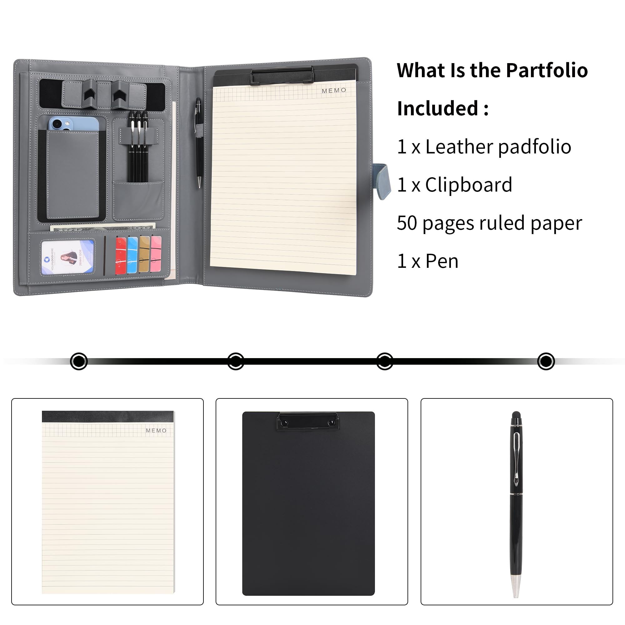 Wason Portfolio A4 Schreibmappe Kunstleder Portfolio mit Telefon Tablet Ständer & Klemmbrett Schreibblock, Ordner Datei Dokumentenhalter Hülle für Organizer Büro Schule Reisen (Blau)
