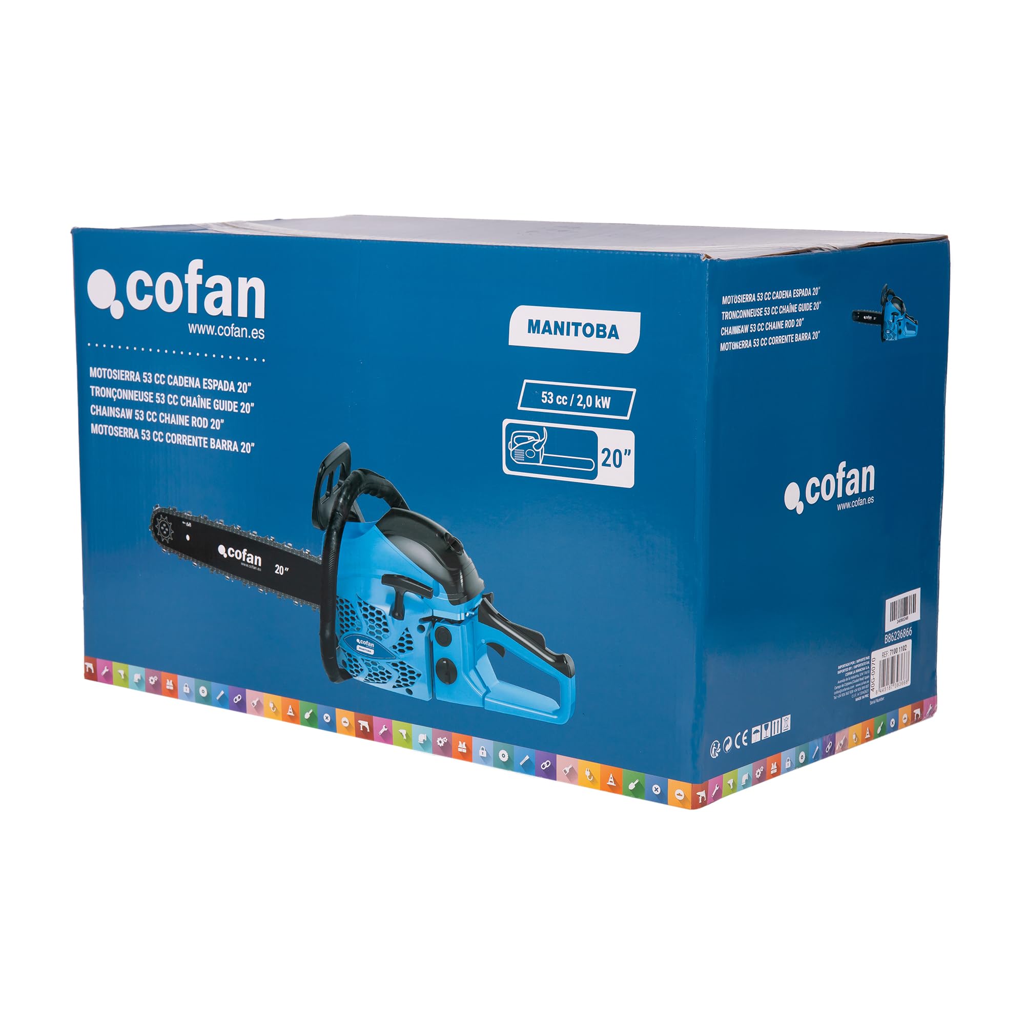 Cofan Motosierra de gasolina | Motor de 2 tiempos | Espada de 20" | 53 cc | Potencia: 2,6 CV | Sistema antivibración | Fácil arranque