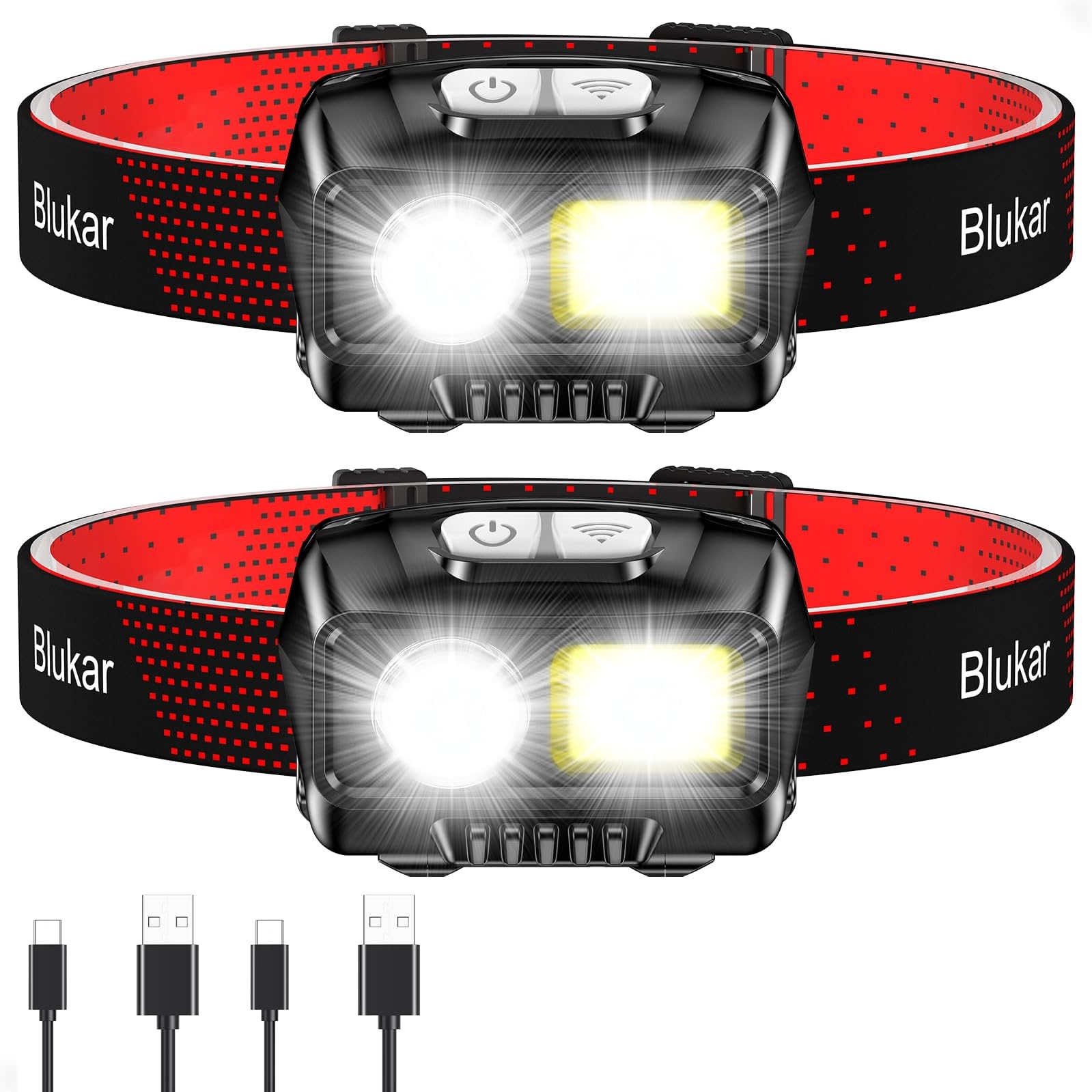 Blukar LED Headlamp Rechargeable,2000L High Lumen Super Bright Dimmable Headlight Flashlight with Motion Sensor- 8 Modes,Spotlight&Floodlight,IPX5 Waterproof for Camping,Hiking,Running,Fishing -2 Pack
