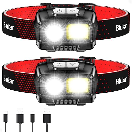 Blukar LED Headlamp Rechargeable, 2000L Super Bright Headlight Flashlight | 8 Modes & Stepless Dimming, Spotlight & Floodlight, Motion Sensor, IPX5 Waterproof for Camping,Hiking,Running,Fishing -2 Pack