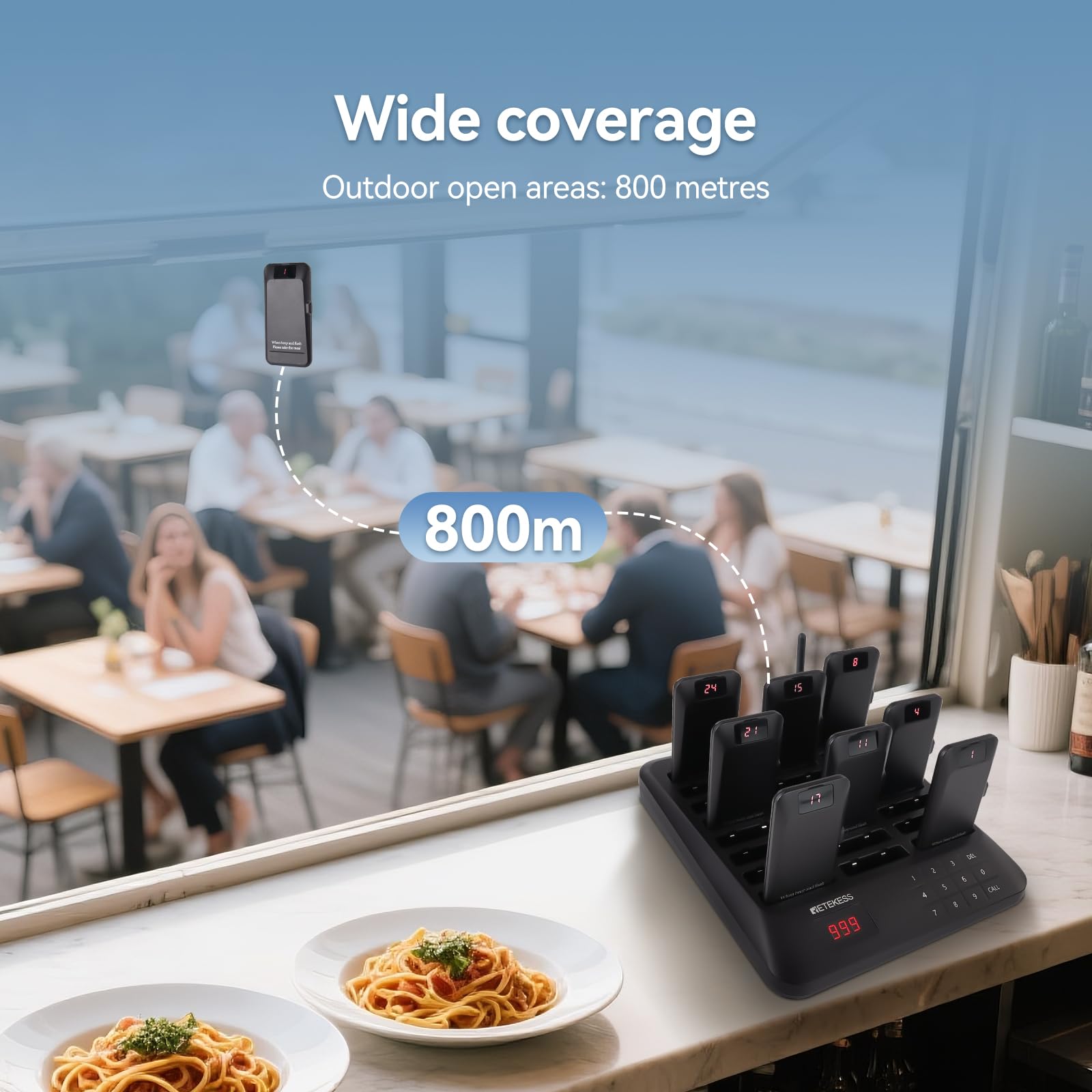 Retekess TD157P Cercapersone Ristorante, 800M Pager Ristorante, 24 Cercapersone, Con Tasto Mute, 39 Modalità di Chiamata, 300 mAh 24H, Cercapersone Wireless per Area Ristoro, Supermercati, Hotel