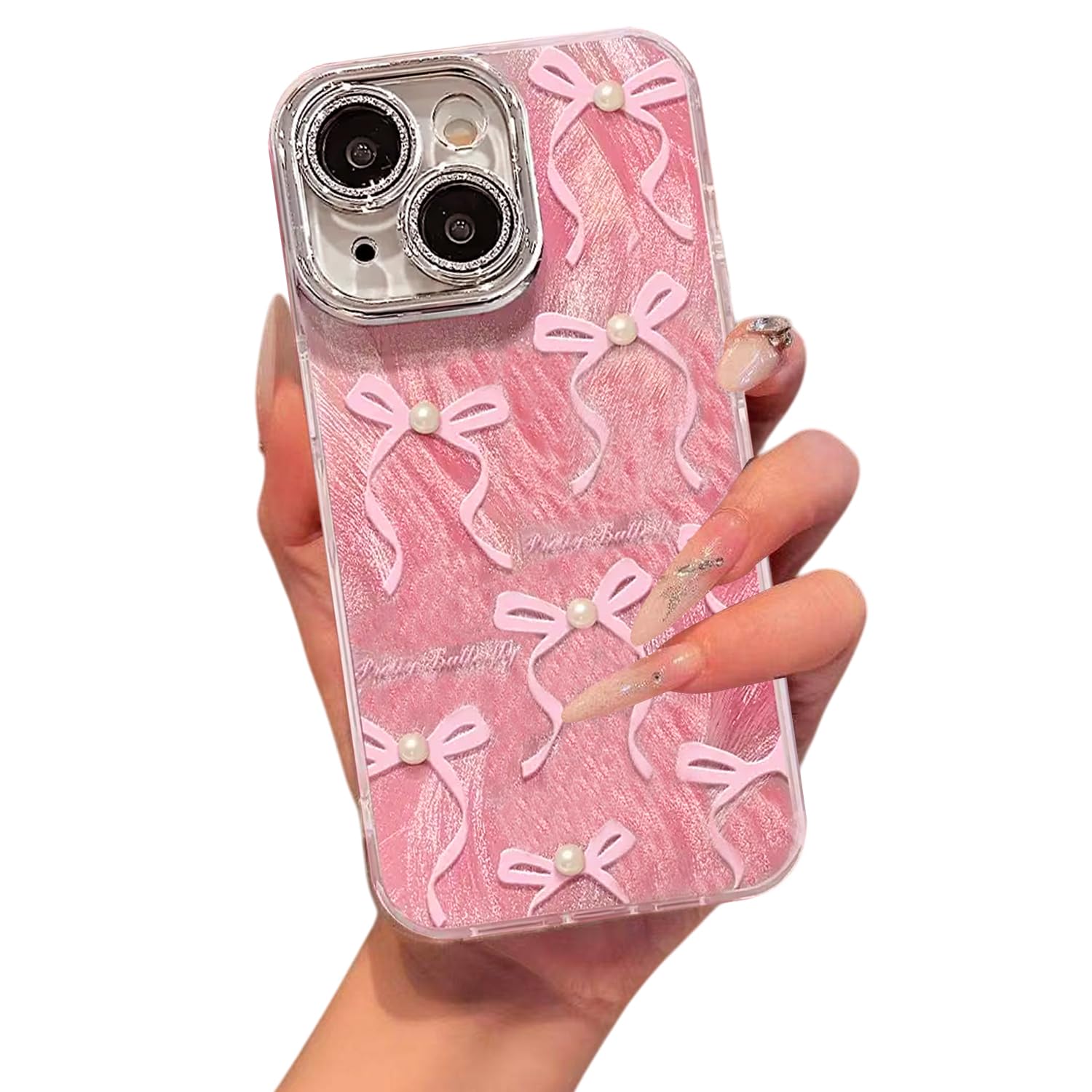 VONZEE Compatible with iPhone 15 Plus 6.7'' Case Luxury Pink Girly Cute 3D Bow Pearl Glitter Bling Case with Full Camera Protection Shockproof Case PC+TPU Glossy Shiny Cover for Girls Women, Pink