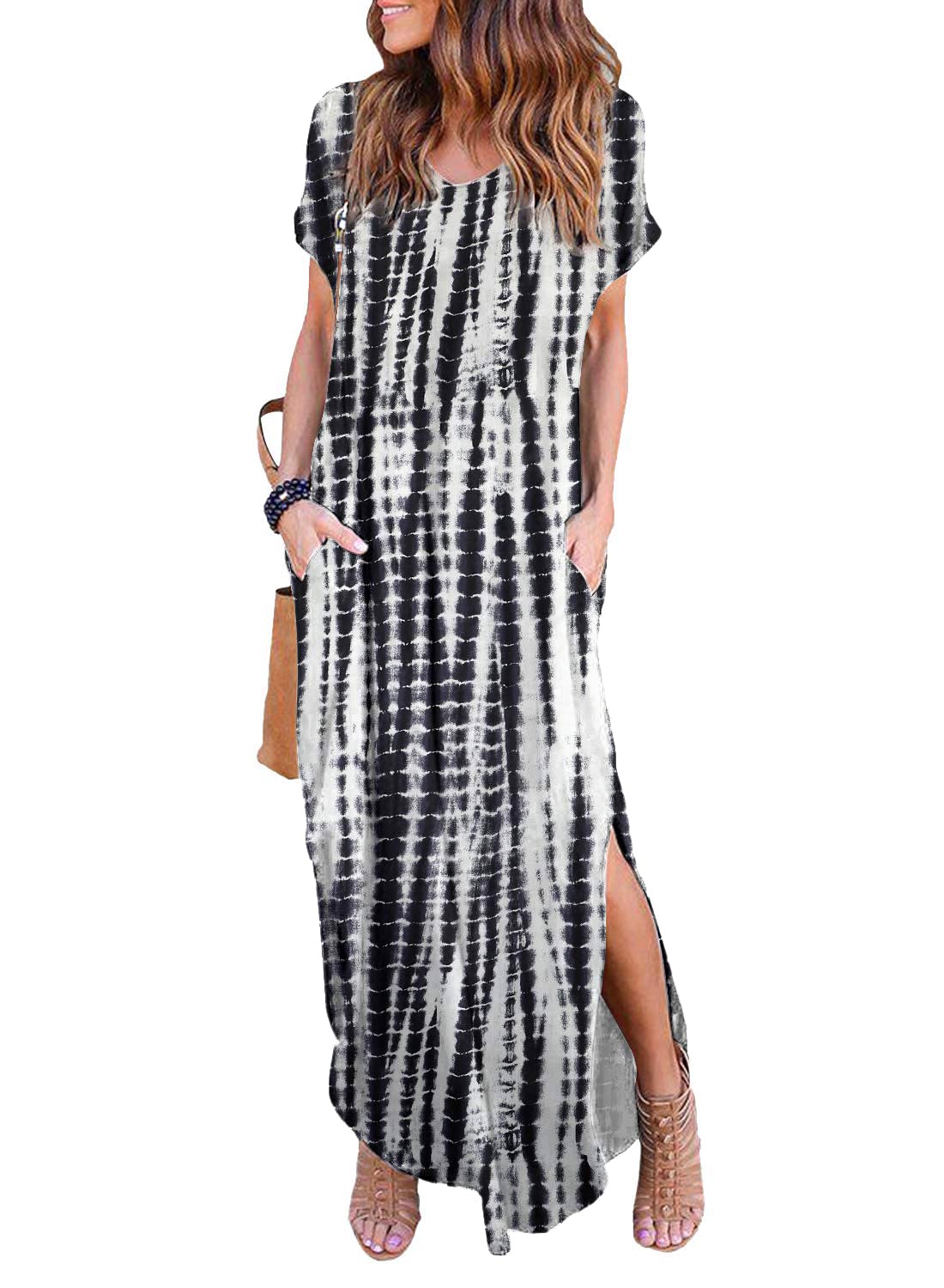 Arolina Women Summer Maxi Dress Short Sleeve V Neck Casual Loose Long Split Dresses Beach Vacation Sundress with Pockets