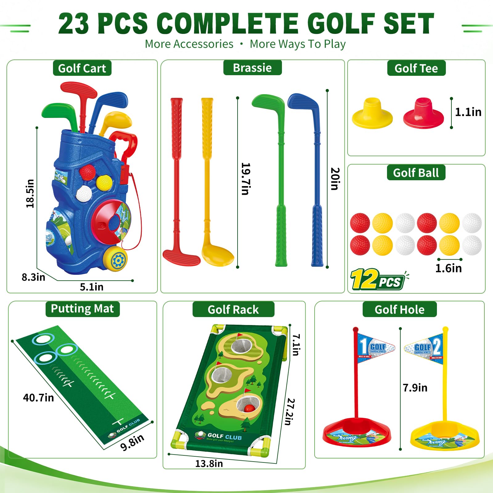 YESHIN 23PCS Minigolf Set mit Putting-Matte, Golf Cornhole-Brett, Golfwagen | Golfspiel-Set mit 4 Golfschlägern, 12 Golfbällen, Indoor Outdoor Spielzeug Geschenk für Jungen Mädchen ab 3-12 Jahren