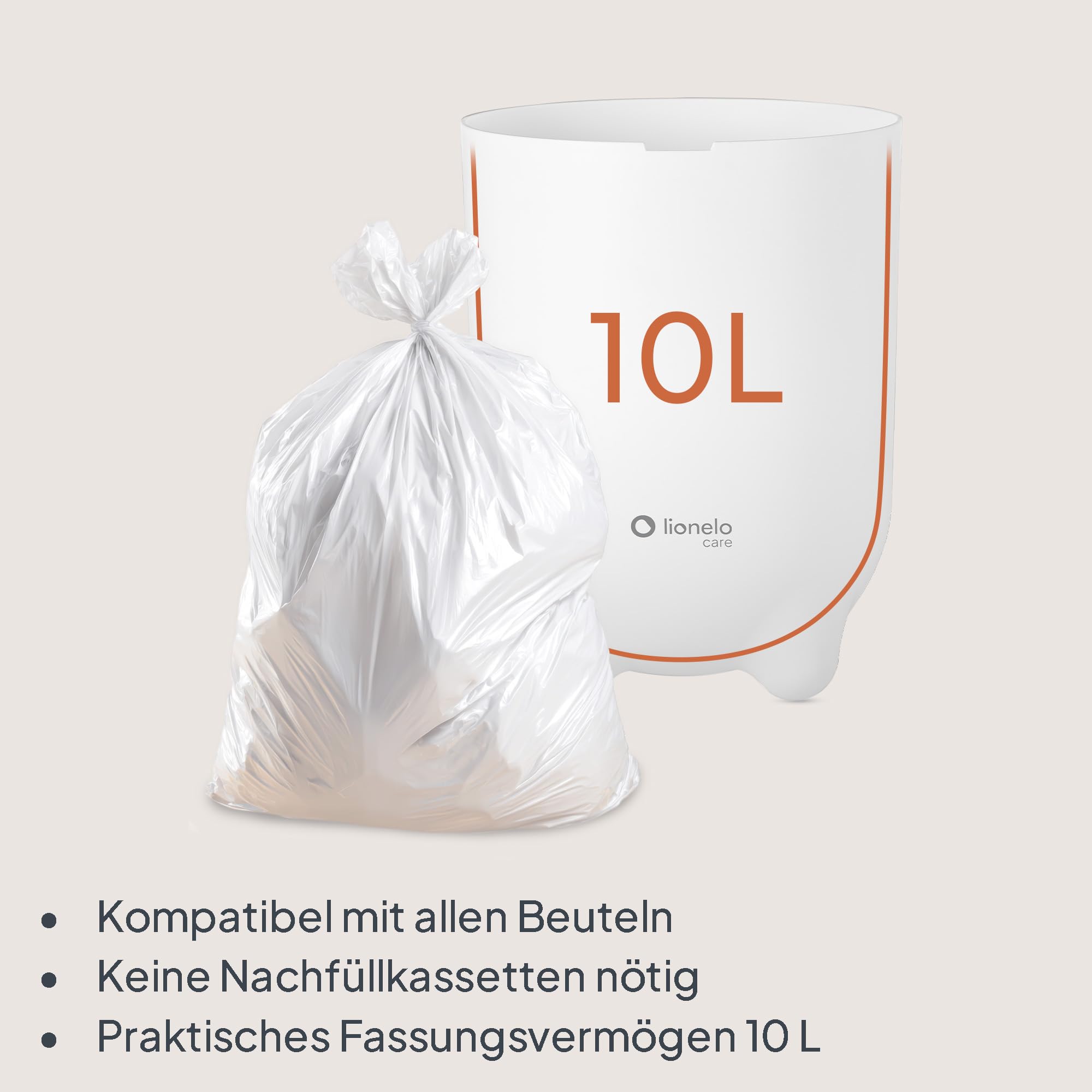 Lionelo Purebin – Windeleimer geruchsdicht, für universelle Beutel (ohne Kassette), Einhand-Bedienung, 10 L – hygienischer Windelbehälter für Babyzimmer
